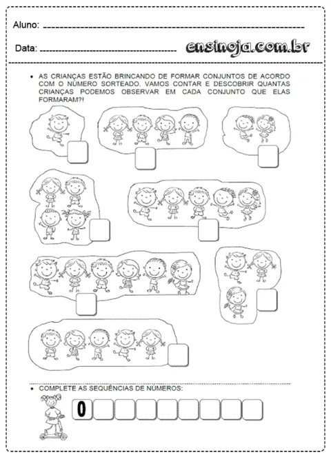 Atividade de contagem com crianças desenhadas formando conjuntos.