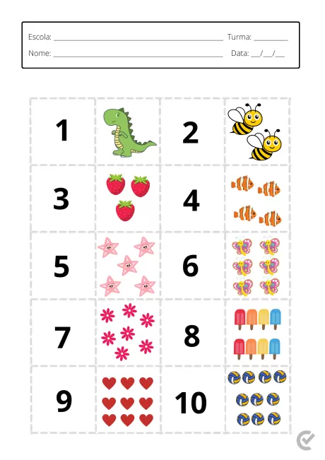 Tabela com figuras para contagem, incluindo dinossauro, abelhas, morangos, peixes, estrelas, flores, picolés, corações e bolas de vôlei.