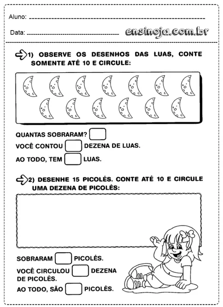 Atividade de contagem com desenhos de luas e picolés para crianças.