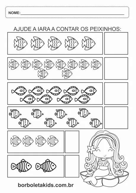 Atividade de contagem com peixinhos e uma menina.