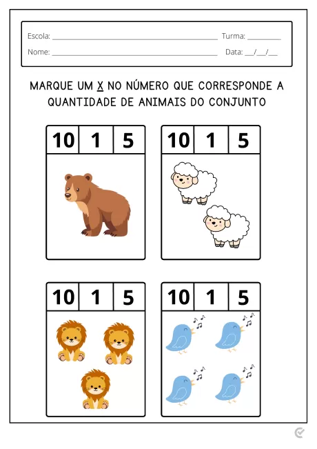 Atividade educacional com imagens de animais e números para contagem.