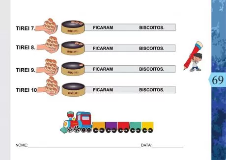 Atividade de matemática com biscoitos e um desenho de um menino segurando um lápis.