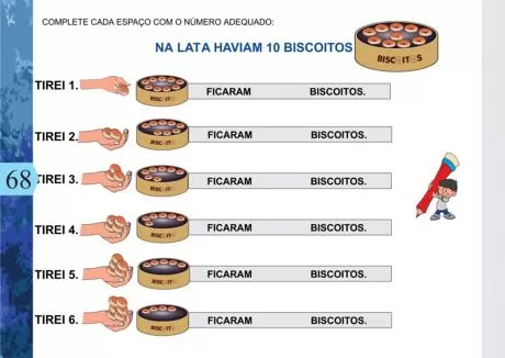 Atividade de matemática com biscoitos em uma lata, onde os alunos devem completar os espaços em branco.
