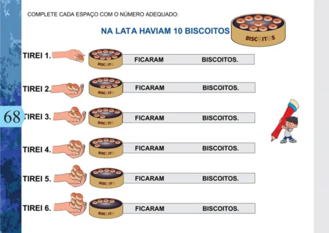 Atividade de matemática com biscoitos em uma lata, onde os alunos devem completar os espaços em branco.