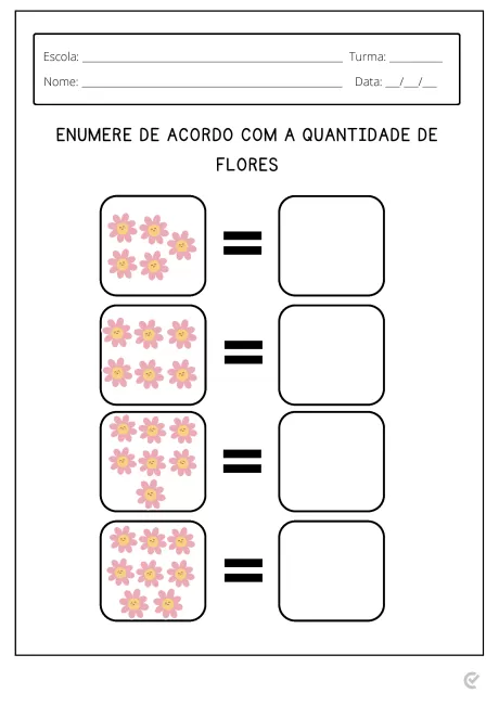 Atividade escolar com flores para contagem