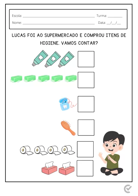 Ilustração de uma atividade escolar sobre contagem de itens de higiene, incluindo tubos de creme dental, papel toalha, escova de dentes e papel higiênico.