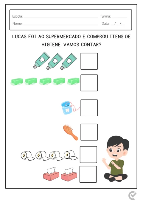 Ilustração de uma atividade escolar sobre contagem de itens de higiene, incluindo tubos de creme dental, papel toalha, escova de dentes e papel higiênico.