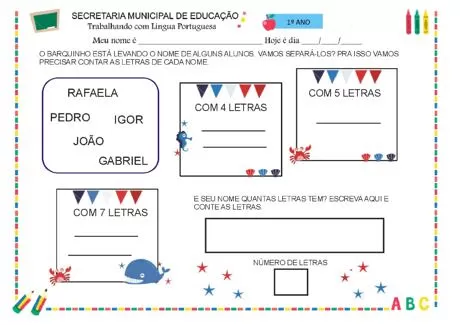 Atividade de contagem de letras de nomes para alunos do 1º ano.