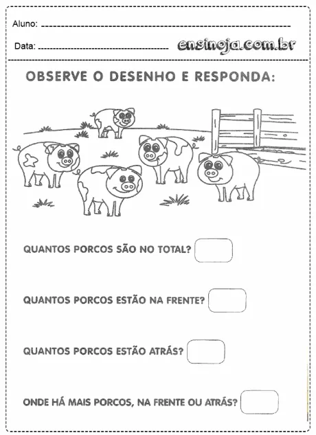 Desenho de porcos em um campo com perguntas sobre a quantidade de porcos.