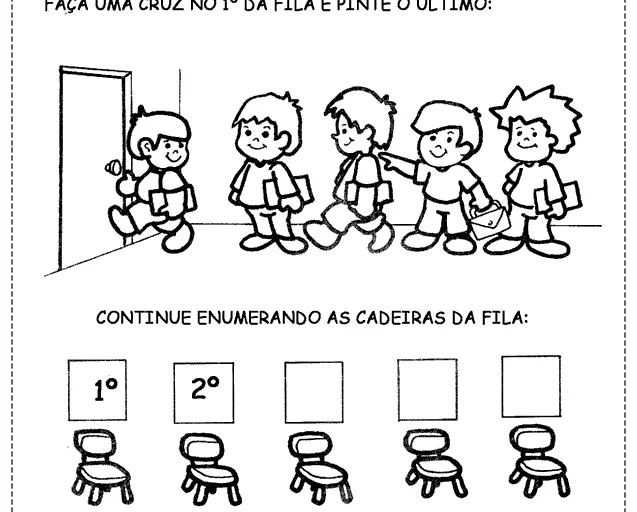 Desenho de crianças entrando na sala de aula com cadeiras para enumerar.
