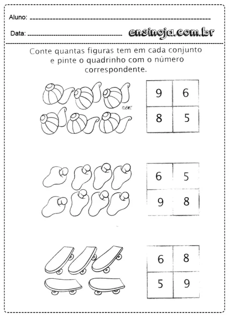 Atividade de contagem com figuras de conchas, formas e skates.