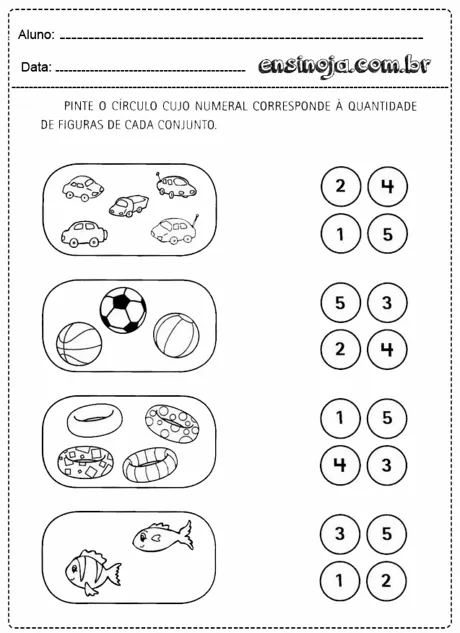 Atividade de contagem com figuras de carros, bolas e peixes.