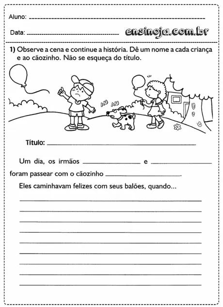 Atividade de escrita para crianças com ilustrações de duas crianças e um cachorro.