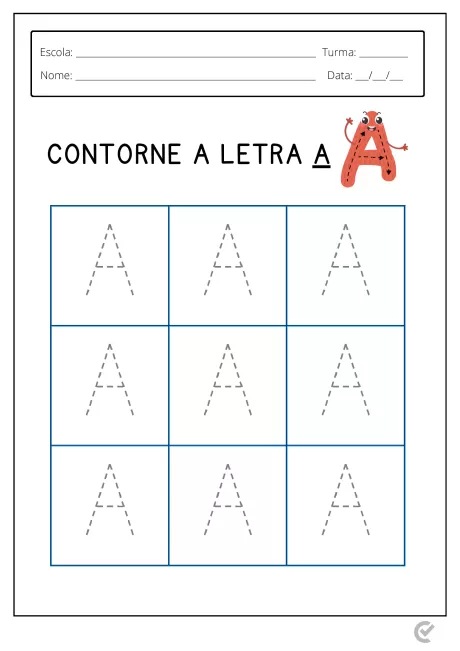 Folha de atividade escolar com letras A para contorno.