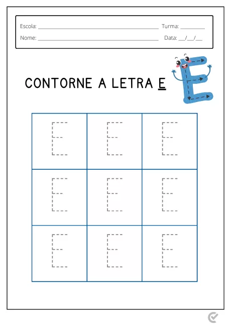 Folha de atividade escolar para contornar a letra E com espaços para prática.