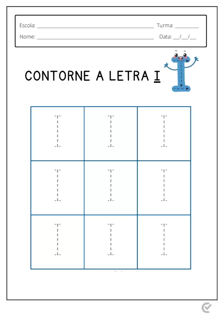 Atividade educacional para contornar a letra I com ilustração de um personagem divertido.