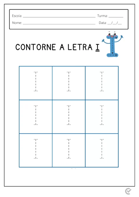 Atividade educacional para contornar a letra I com ilustração de um personagem divertido.