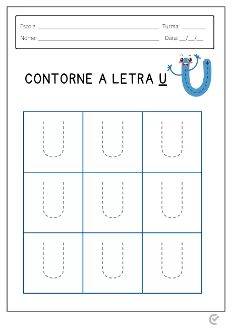 Folha de atividade escolar para contornar a letra U com ilustração de um personagem divertido.