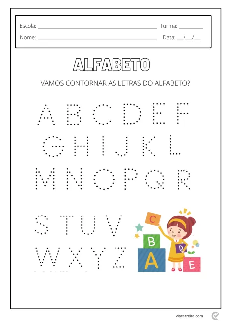 Atividade educacional para contornar as letras do alfabeto em uma folha de exercícios.