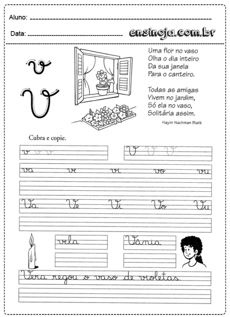 Atividade de escrita com flores e uma janela.