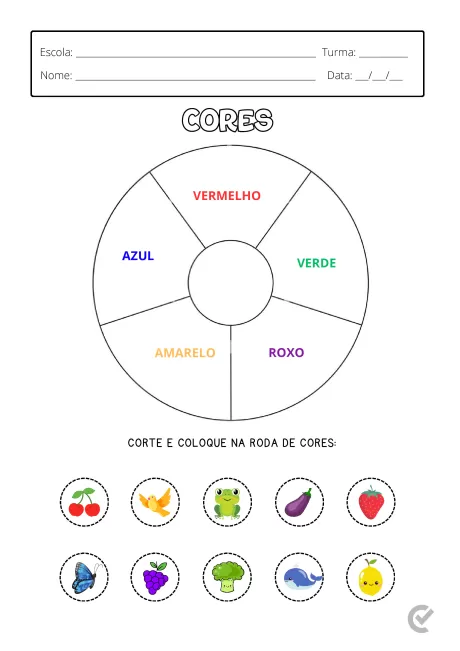 Roda de cores com as palavras vermelho, azul, verde, amarelo e roxo, e imagens de frutas e vegetais para colar.