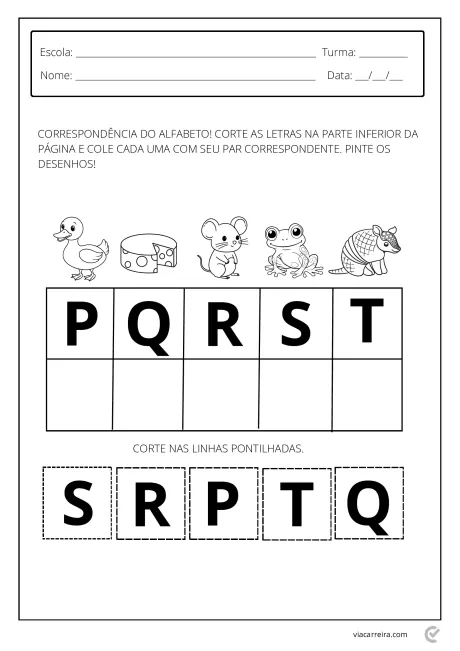 Atividade educacional para crianças com letras do alfabeto e desenhos correspondentes.