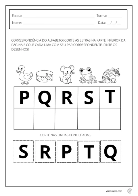 Atividade educacional para crianças com letras do alfabeto e desenhos correspondentes.