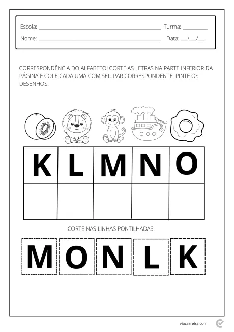 Atividade educacional para crianças com letras do alfabeto e desenhos para colorir.