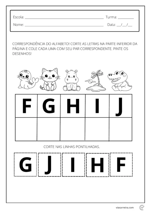 Atividade educacional para crianças sobre correspondência de letras do alfabeto com desenhos de animais.