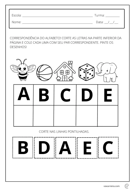 Atividade educacional para crianças com letras do alfabeto e desenhos correspondentes.