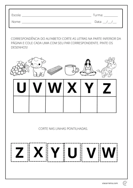 Atividade educacional para correspondência de letras do alfabeto com desenhos.