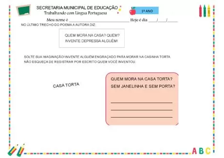 Atividade de Língua Portuguesa para o 1º ano sobre um poema e criação de personagens.