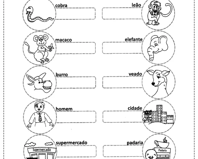 Atividade de escrita para crianças, onde devem criar substantivos próprios a partir de substantivos comuns ilustrados.