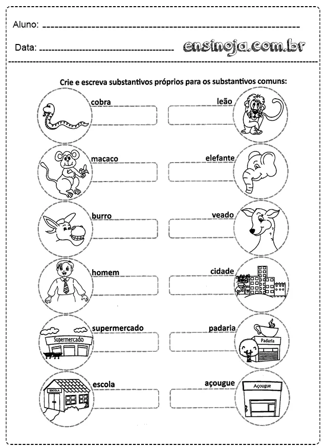 Atividade de escrita para crianças, onde devem criar substantivos próprios a partir de substantivos comuns ilustrados.