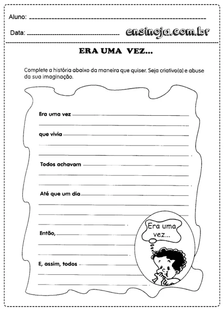 Atividade de completar uma história com o tema 'Era uma vez'.
