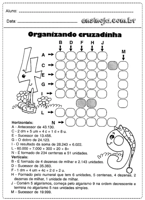 Atividade de cruzadinha para alunos do ensino fundamental com questões matemáticas.