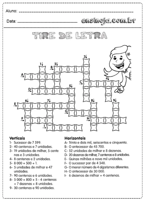 Atividade de cruzadinha com perguntas sobre números.