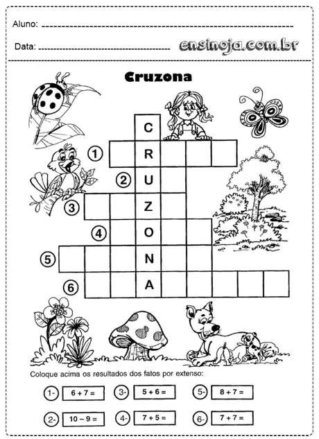 Atividade de cruzadinha com operações matemáticas para crianças.