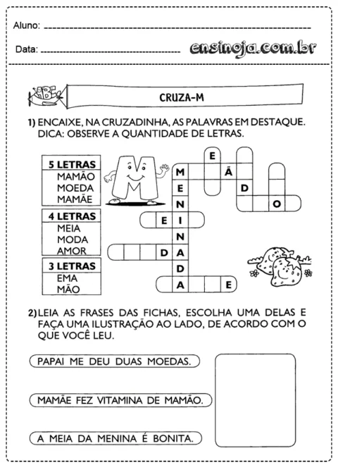 Atividade de cruzadinha para crianças com palavras em destaque e espaço para ilustração.