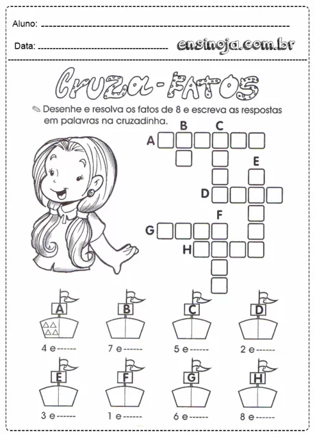 Atividade de cruzadinha com desenho de uma menina e barcos.