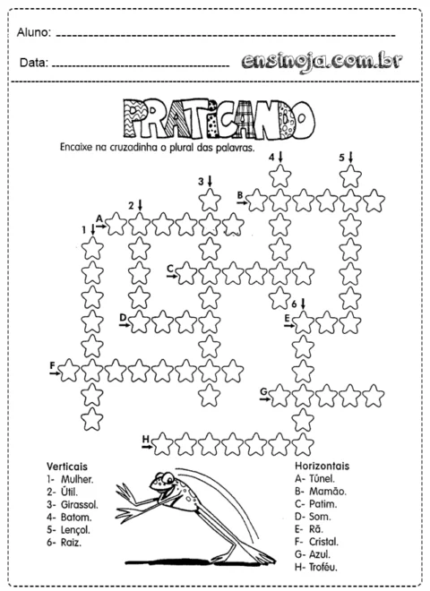 Atividade de cruzadinha sobre o plural das palavras com ilustração de um sapo.