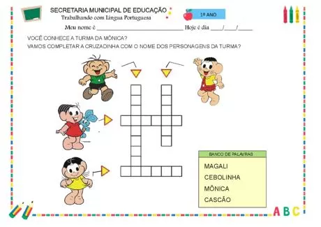 Atividade de cruzadinha com personagens da Turma da Mônica.