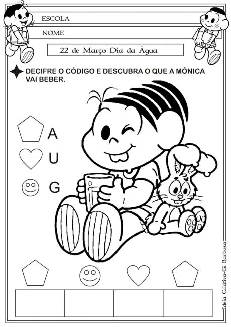 Atividade de decifração com a personagem Mônica segurando um copo.