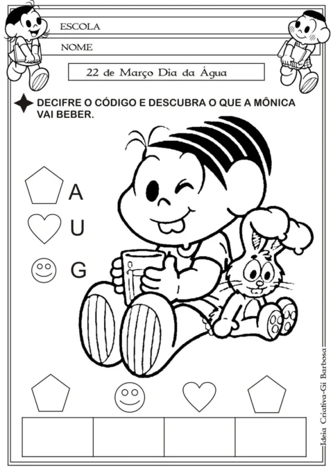 Atividade de decifração com a personagem Mônica segurando um copo.