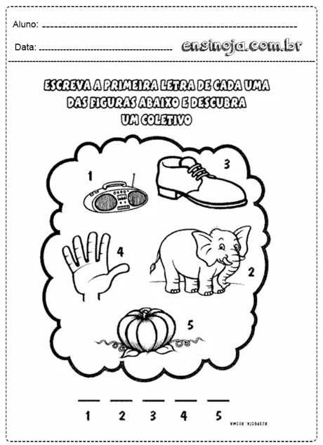 Atividade de escrita para crianças com figuras e espaço para escrever letras.