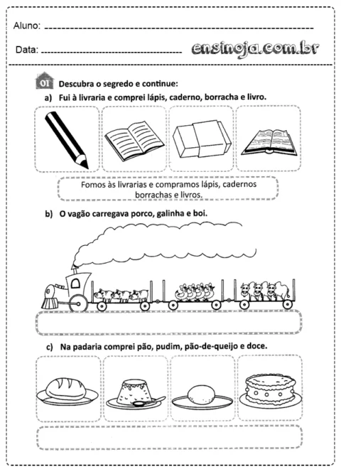 Atividade de descoberta com desenhos de objetos e animais para crianças.
