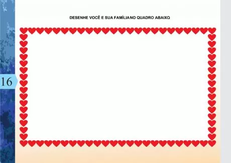 Atividade para desenhar a família em um quadro decorado com corações.