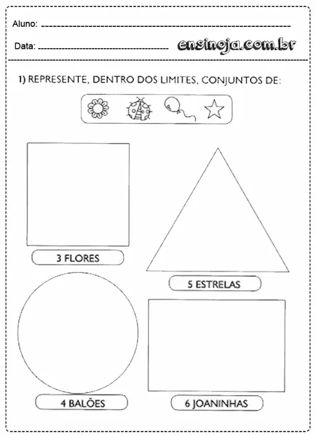 Atividade de desenho com formas geométricas e contagem de objetos.