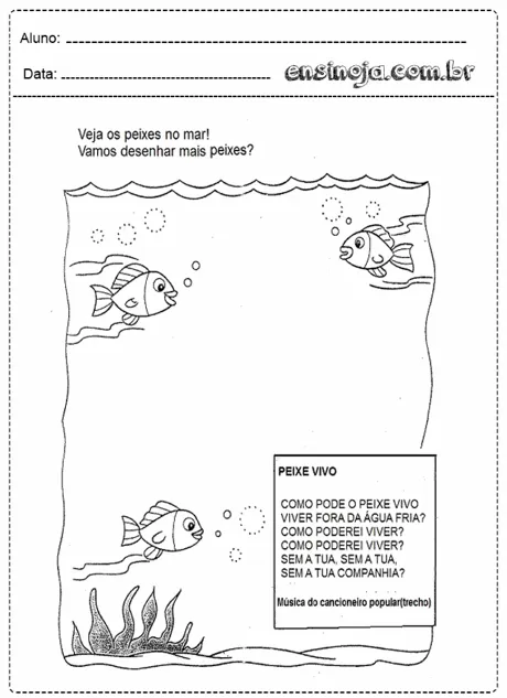 Desenho de peixes no mar com espaço para desenhar mais peixes.