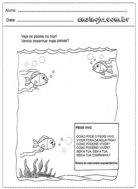 Desenho de peixes no mar com espaço para desenhar mais peixes.